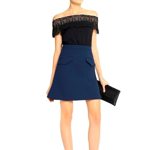 SELF PORTRAIT Eyelet Off The Shoulder Bardot Lace Mini Dress - Picture 1 of 10